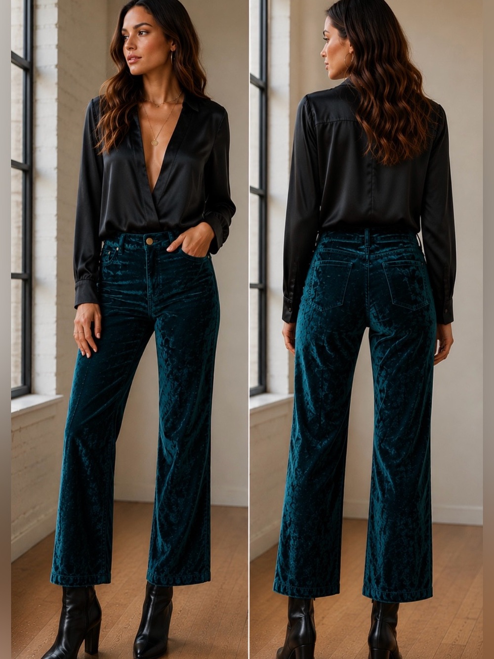 Free People High Time Velvet Kick Flare Pants Jewel Green Sz 27 💛